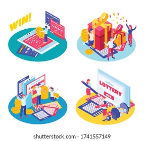 Lottery jackpot scratch cards tickets draw results winner grand prize celebration 4 circular isometric compositions vector illustration 