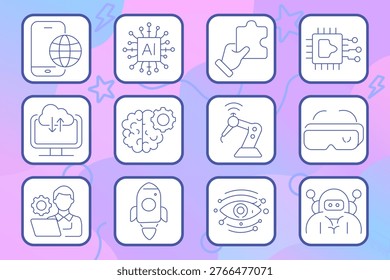 Lottery jackpot set icon. Outline tiles, numbered balls, rating card, winner board, key ring, ticket label, celebration star, calendar coin, radio tower, gift house, cash hand, lotto grid.