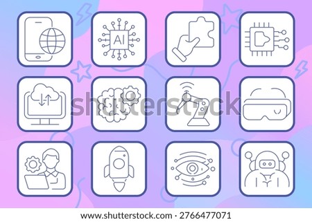 Lottery jackpot set icon. Outline tiles, numbered balls, rating card, winner board, key ring, ticket label, celebration star, calendar coin, radio tower, gift house, cash hand, lotto grid.