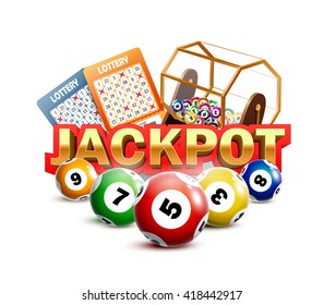 Lottery Jackpot with tickets, wheel  and balls.