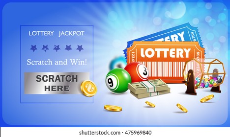 Lottery Jackpot with tickets, wheel, coins and balls.