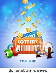 Lottery Jackpot with tickets, wheel, coins and balls.