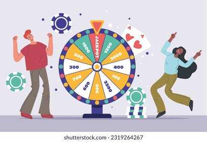 Lottery luck lucky win wheel spin game jackpot roulette concept. Vector graphic design illustration