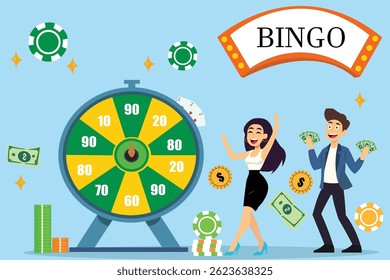 Lottery luck lucky win wheel spin game jackpot roulette concept. Vector graphic design illustration