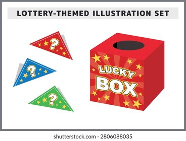 Lottery lucky box and three colorful triangle tickets asset set for festival events and celebration vector illustration
