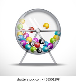 Lottery machine with lottery balls inside. Lotto bingo game luck concept illustration. Wheel drum leisure