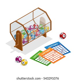 Lottery machine with lottery balls inside and lottery ticket isolated on white. Lotto bingo game luck concept vector illustration. 