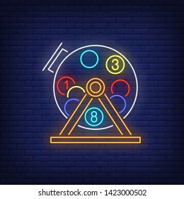 Máquina de lotería con signo de neón de bolas. Juego, loto, diseño de entretenimiento. Señal de neón brillante nocturna, carteles coloridos, banner luminoso. Ilustración vectorial en estilo neón.