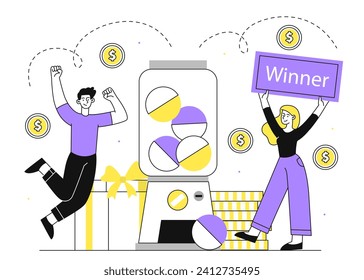 Concepto lineal de máquinas de lotería. Hombre y mujer con billete cerca de monedas de oro. Smartphone con bolas de colores. Apuestas y juegos de suerte, fortuna. Ilustración del vector plano Doodle