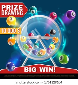 Lottery machine. Wheel drum with lotto balls inside, lucky instant win, internet leisure or bingo game, realistic vector gambling poster illustration