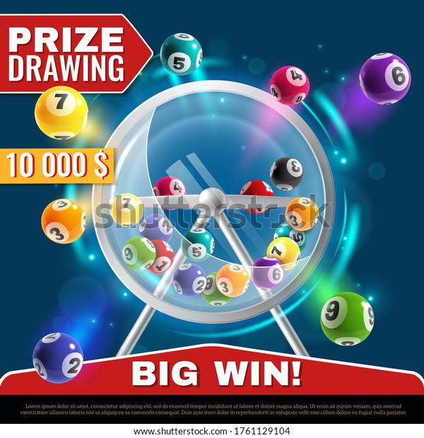 Lottery machine. Wheel drum with lotto balls\
inside, lucky instant win, internet leisure or bingo game,\
realistic vector gambling poster\
illustration