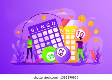 Lottery money game, lucky raffle ticket, bingo game and game of chance jackpot concept. Vector isolated concept illustration with tiny people and floral elements. Hero image for website.
