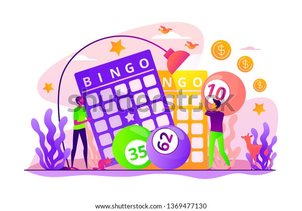 富くじゲーム ラッキーラッフルチケット ビンゴゲーム チャンスの大当たりコンセプト 小さな人と花柄のエレメントを含むベクター画像コンセプトイラスト ウェブサイトのヒーロー画像 のベクター画像素材 ロイヤリティフリー