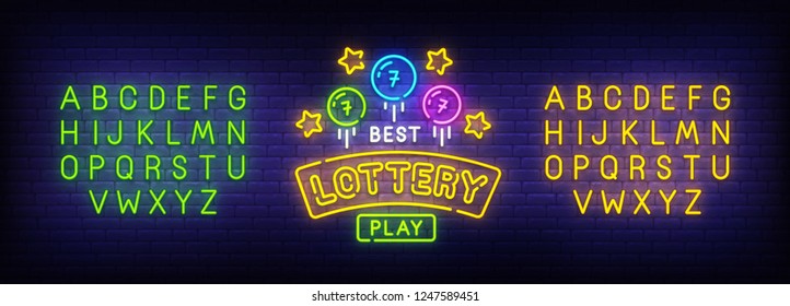 Lottery neon sign, bright signboard, light banner. Lotto logo. Neon sign creator. Neon text edit. Vector illustration