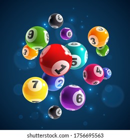 Lottery numbers. Flying realistic drawing lottery or billiard balls, lucky accidental win, instant jackpot internet gambling, lotto bingo vector concept on dark background