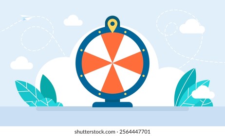 Lottery online casino fortune wheel in blue circle with red and white stripes. Spinning fortune wheel, lucky roulette, online promotion events. Spinning bright roulette. Vector illustration