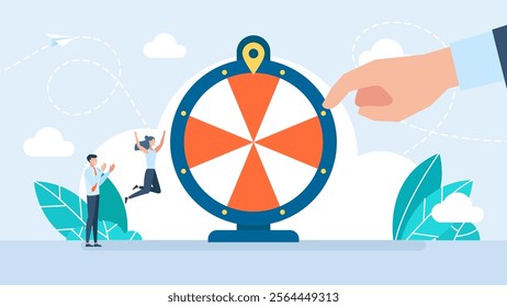 Lottery online casino fortune wheel in  circle with red and white stripes. Life depend on luck. Investment winning or gambling concept. Spinning bright roulette. Vector illustration