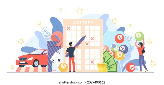 Lottery people. Gambling game. Guessing numbers and random winner selection. Cartoon man fills out ticket. Happy woman pulls out balls. Tiny players win money and car. Vector gamble concept