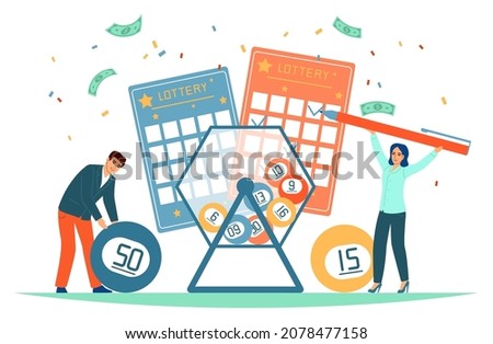 Lottery people. Happy tiny gambling players guess numbers, mark tickets and spinning transparent machine with numbered balls, fortune game with money prize, vector