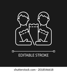 Lottery pool white linear icon for dark theme. Pooling ticket purchases. Joining lottery chances. Thin line customizable illustration. Isolated vector contour symbol for night mode. Editable stroke