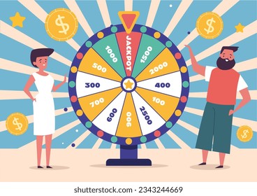 Lottery prize lucky wheel casino slot game concept. Vector flat graphic design illustration
