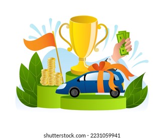 Lottery prize winner, lucky win in game, vector illustration. Flat gift at fortune circle, happy raffle chance for people, isolated on white poster.