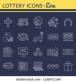 Lottery and profit fortune games icon set isolated on white background. Keno. Finance success rich, lottery and award, vector. Outline illustration of lottery concept for web design. Editable stroke.