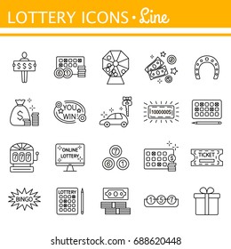 Lottery and profit fortune games icon set isolated on white background. Keno. Finance success rich, lottery and award, vector. Outline illustration of lottery concept for web design. Editable stroke.