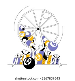 The lottery reel spins with numbered balls. Prize drawing. Vector illustration in a modern style.