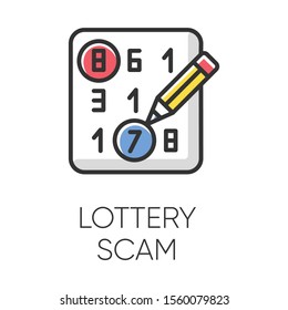 Lottery scam color icon. Advance-fee fraud. Scratch-and-win promotion. Lucky draw. Sweepstake contest. Prize scamming. Gambling. Upfront payment. Fraudulent scheme. Isolated vector illustration