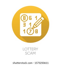 Lottery Scam Yellow Flat Design Long Shadow Glyph Icon. Advance-fee Fraud. Sweepstake Contest. Prize Scamming. Gambling. Upfront Payment. Fraudulent Scheme. Vector Silhouette Illustration