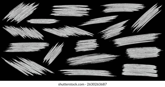 Lottery scratch card graphic elements - hand drawn pencil strokes scratchy fragments. White doodled messy irregular patterns smudged. Rough blotchy geometric edges scraping texture
