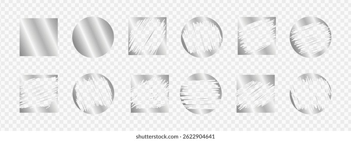 Lottery scratch card silver label design bundle - retro faded rectangle round badge frames. Peeled damaged stained speckled halftone icons. Distressed weathered spotted vintage symbol graphics.