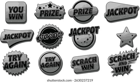 Lottery scratch card text labels - silver foil grunge pencil scribble shapes. Motivational win prize jackpot game phrases