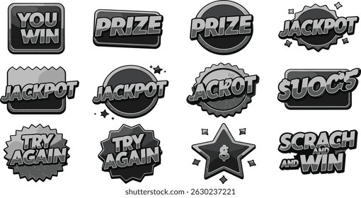 Lottery scratch card text labels - silver foil grunge pencil scribble shapes. Motivational win prize jackpot game phrases