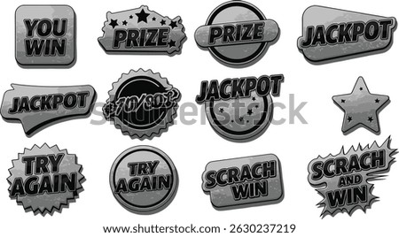 Lottery scratch card text labels - silver foil grunge pencil scribble shapes. Motivational win prize jackpot game phrases