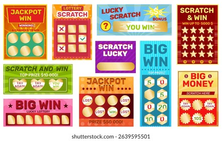 Lottery scratch effects tickets. Instant win, different design, golden paint layers, gambling stickers, lucky game. Winning prize flyers template, shopping coupon, qualitative vector set