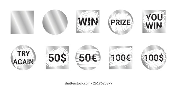 Lottery scratch inspiring words - scuffed weathered monochrome geometric label templates. Engagement gambling entertainment lifestyle art. Scribbly numbers uneven borders authentic look.
