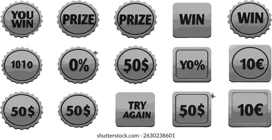 Lottery scratch inspiring words - scuffed weathered monochrome geometric label templates.
