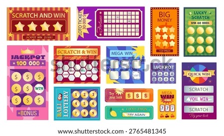 Lottery scratch tickets elements set design. Collection with realistic templates for money win coupons, instant win cards, lotto numbers combination mark, lucky game with reward. Vector illustration.
