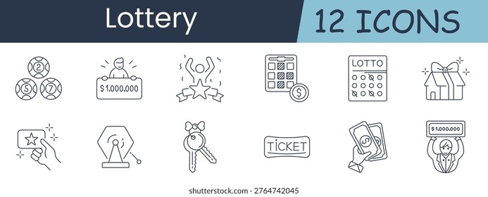 Lottery set icon. Balls, jackpot, winner, calculator, lotto, gift, star, antenna, keys, ticket, cash, prize, luck, gambling, fortune, draw, celebration, reward