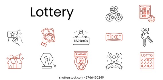 Lottery set icon. Chips, lottery board, star ticket, cash bundle, jackpot winner, ticket stub, keys, gift house, machine, prize check, celebration, lotto card, gambling, luck, reward
