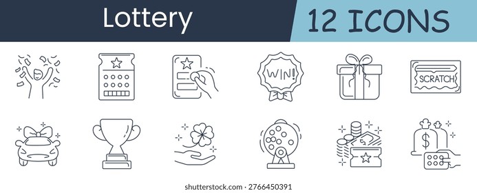 Lottery set icon. Confetti, scratchcard, rating, winbadge, present, coupon, piggybank, trophy, clover, bingo, wallet, moneybag, coins, bonus, luck, reward, payday, savings