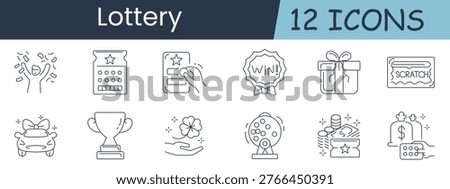 Lottery set icon. Confetti, scratchcard, rating, winbadge, present, coupon, piggybank, trophy, clover, bingo, wallet, moneybag, coins, bonus, luck, reward, payday, savings