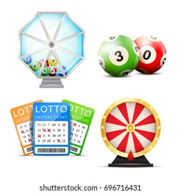 Lottery set with isolated images of number balls lucky dip lottery machine and playslip tickets vector illustration