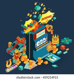 Lottery and slot machine isometric composition with jackpot and bingo description and accessories for table games vector illustration