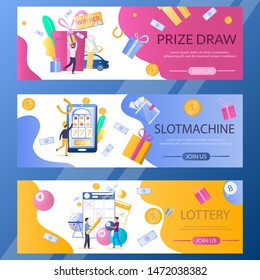 Lottery, Slot machine and Prize draw web banner template set, vector illustration. Lucky people playing slots and bingo, keno, lotto lottery games, taking part in prize drawing. Gambling industry.