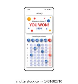 Lottery smartphone interface vector template. Mobile app page white design layout. Victory congratulations screen. Flat UI for application. Winning numbers combination phone display