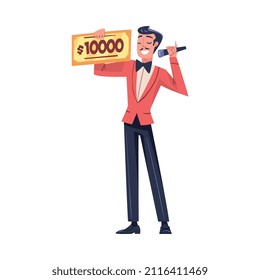 Lottery with Smiling Man Presenter with Microphone and Cheque with Lump Sum Announcing Winner Vector Illustration