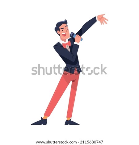 Lottery with Smiling Man Presenter with Microphone Announcing Winner Vector Illustration